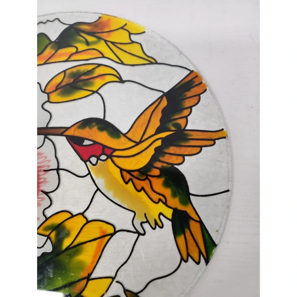 Vintage Stained Glass Hummingbird And Flowers Round Display Plate Decorative
